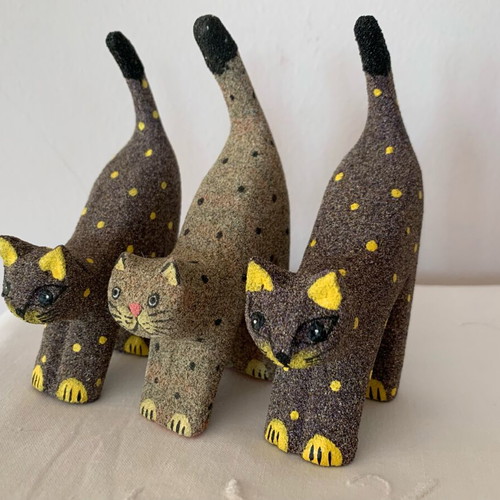 Decorative cat set of 3 new, handmade, wood with colored sand