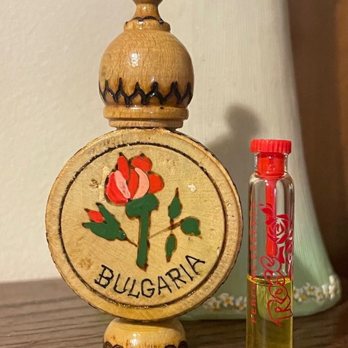 Vintage handmade wooden box with small Rosa mouth perfume used, traditional from Bulgaria