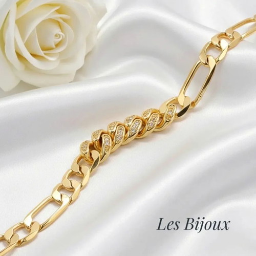 Figaro & Curb Chain Bracelet with Rhinestones new, gold stainless steel