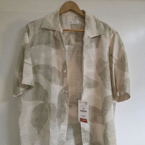 Zara relaxed fit men's shirt, viscose lyocell linen, large, sand color
