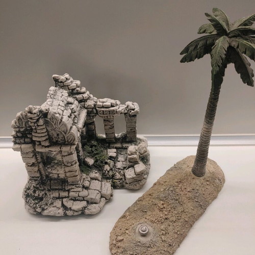 Decorative aquarium rocks used with ancient ruins and palm tree design