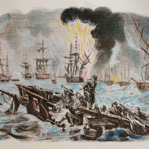 1854 Ναυμαχία Ναβαρίνου Επιχρωμιωμένη Ξυλογραφία Μεταχειρισμένη 25x17cm