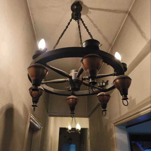 Antique wheel chandelier, wood and copper tones