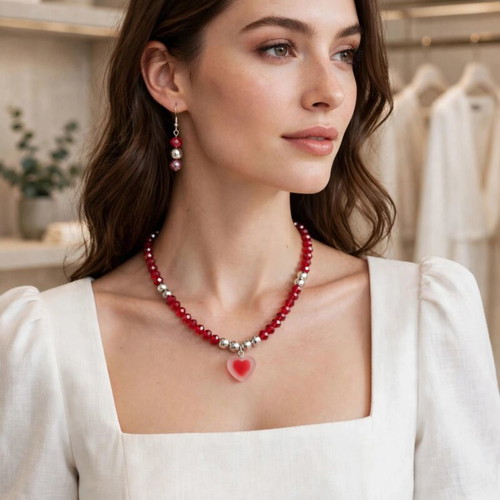 Handmade crystal beaded red color necklace and earrings set