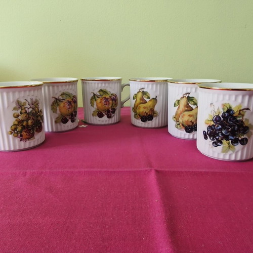 Vintage porcelain coffee or tea mugs with gold trim and fruit design, set of 6