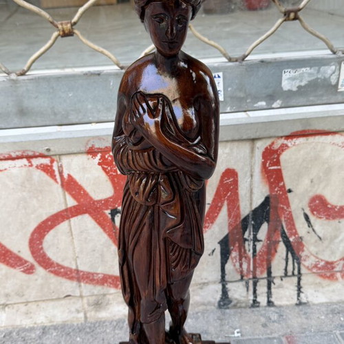Wood-carved column with caryatid, 25x25 cm, height 77 cm