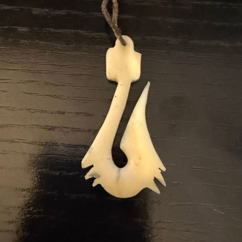 Maori Fish Hook Hei Matau handmade pendant with natural bone and leather cord like new