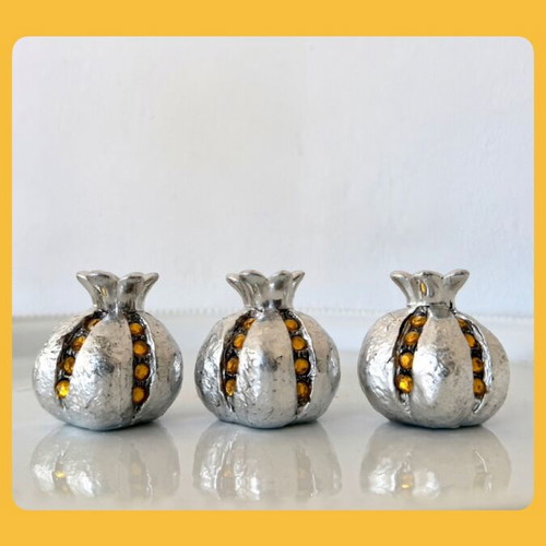 Set of 3 decorative pomegranate miniatures silver with crystals and tassel new