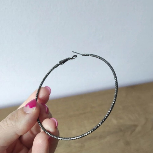 Large hoop earrings set 2 pairs like new, silver and black hammered