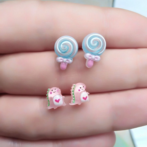 Cute earrings hypoallergenic, 2 pairs Dino & lollipop