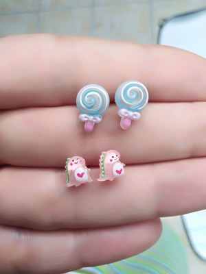 Cute earrings hypoallergenic, 2 pairs Dino & lollipop
