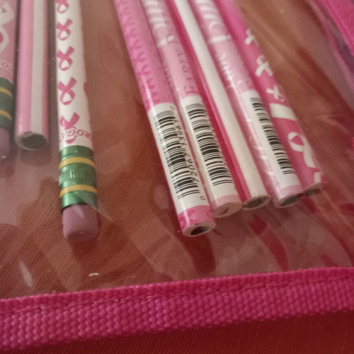 Transparent pink pencil case with used breast cancer awareness pencils