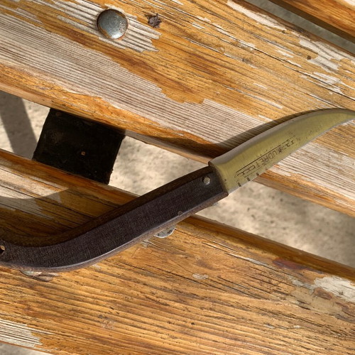 Large handmade folding knife with engraved name used