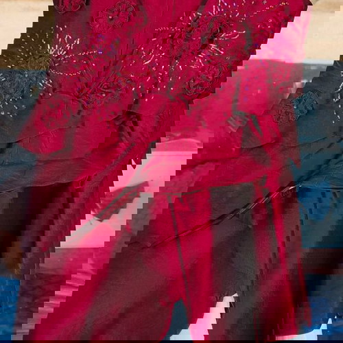 Βαπτιστικό Φόρεμα Μπορντό με Χειροποίητο Κέντημα, Χάντρες και Πούλιες, Αφόρετο