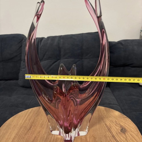 Josef Hospodka for Chřibská Pink Art Glass Basket Vase 1960s like new