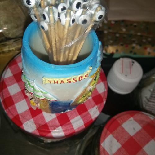 Ceramic toothpick holder new with embossed summer scenes
