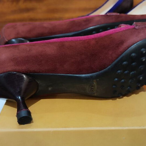 Tod's suede kitten heel loafers, brown and fuchsia, size 39