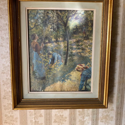 Picking Apples painting in gold frame like new