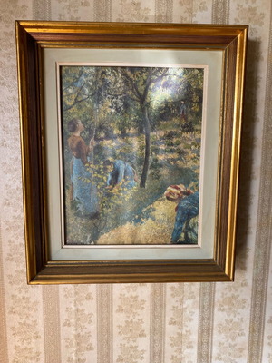Picking Apples painting in gold frame like new