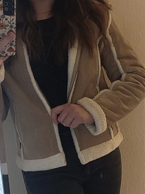 Leather winter jacket used, warm with inner lining, size M, beige and white