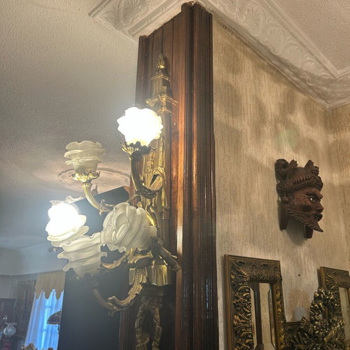 Set of 2 large brass wall sconces used, vintage glass shades