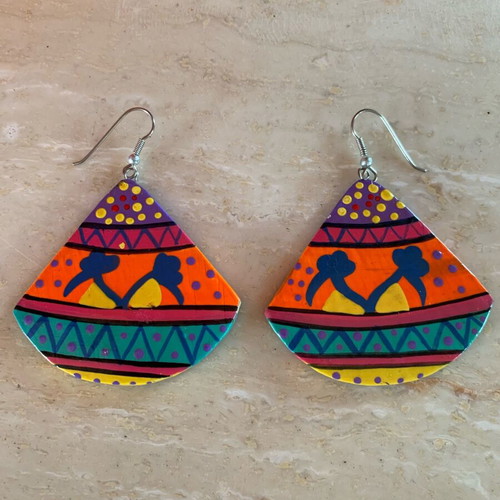 Wooden earrings hand-painted boho style, vintage 90s, new