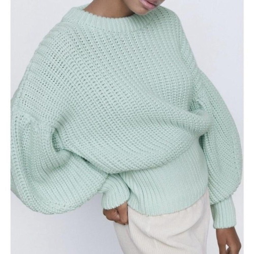 Zara chunky sweater mint green with puff sleeves S used
