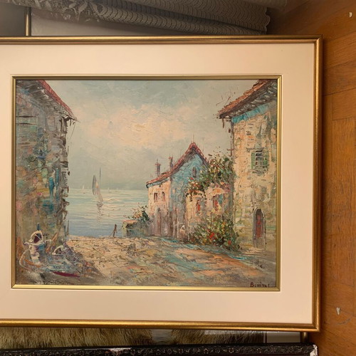 Vintage ελαιογραφία Μεσογειακό λιμάνι υπογραφή Burnett σαν καινούργιο