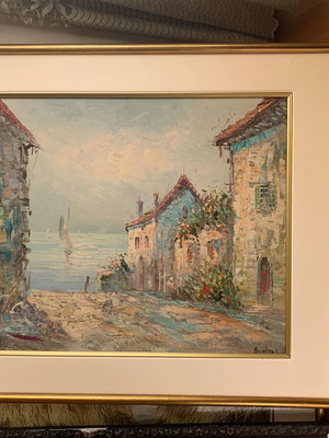 Vintage ελαιογραφία Μεσογειακό λιμάνι υπογραφή Burnett σαν καινούργιο