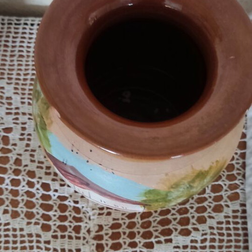 Vintage ceramic vase with hand-painted house and trees, like new