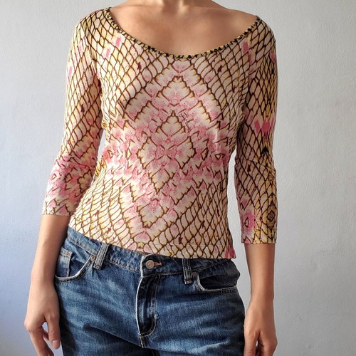 Just Cavalli vintage Y2K reptile print cotton mesh top, pink multicolor
