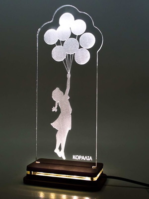 LED lamp "Banksy Girl Floating Baloon" W00705 new with wooden base and plexiglass