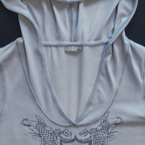 Nile Y2K women's t-shirt with hood and draped V neckline, like new, dusty blue, size L