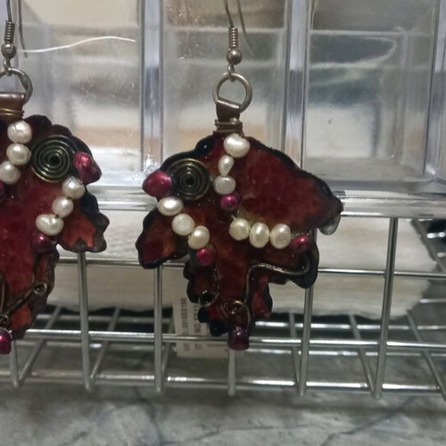 Handmade dangling earrings like new, dark red with pearls