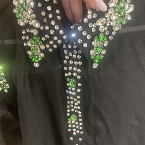Black Sheer Shirt with Green Crystal Embellishments like new