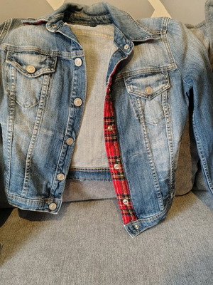 Benetton denim jacket like new, size Small with red check detail