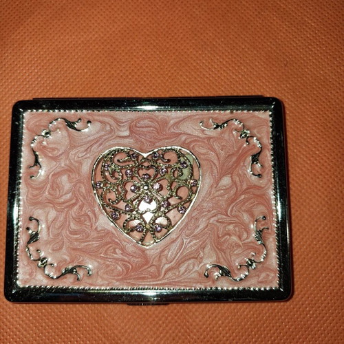 Metal card or cigarette case with heart and rhinestones, pink enamel