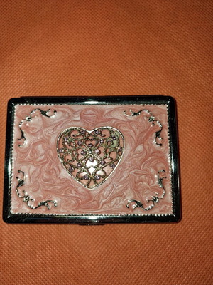 Metal card or cigarette case with heart and rhinestones, pink enamel
