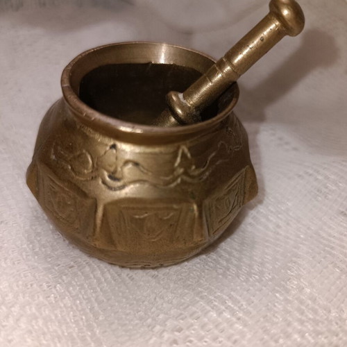 Brass mortar with pestle used, handmade, 1950s vintage