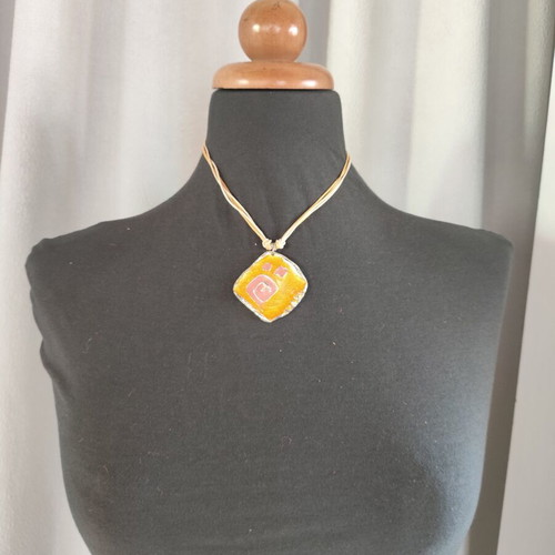 Handmade jewelry set with yellow and pink enamel pendant and earrings