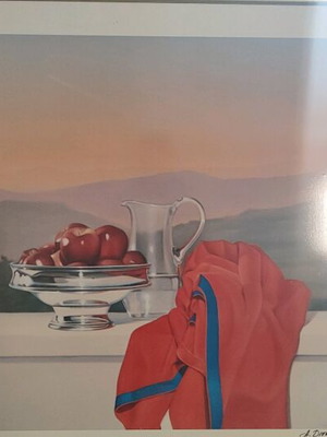 A. Droungas metal print painting like new with jug, red robe and apples