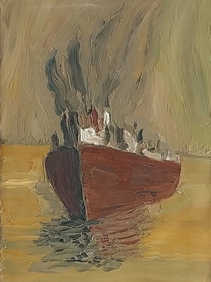 Ship oil painting on canvas 30×20cm stretched frame like new