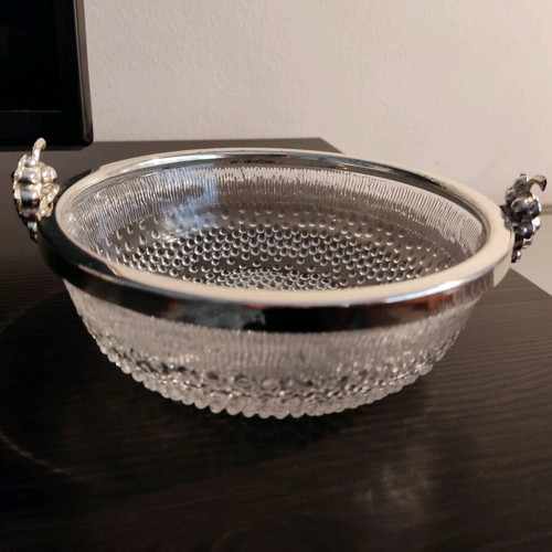 Vintage glass bowl with metal rim and grape handles in like new condition