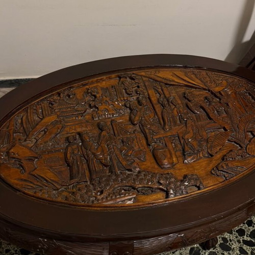 Vintage Chinese Hand-Carved Wooden Coffee Table with 3 Stools like new