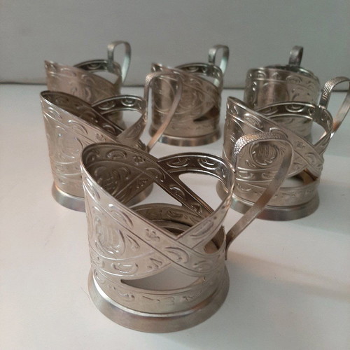 Vintage metal glass holders like new, set of six from Soviet Ukraine