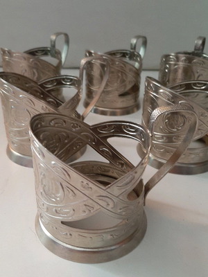 Vintage metal glass holders like new, set of six from Soviet Ukraine