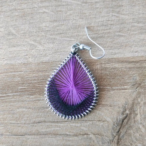 Handmade earrings like new dreamcatcher shape with purple thread
