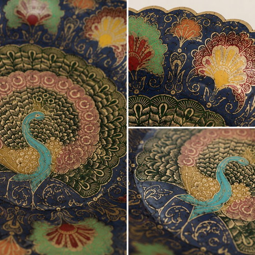 Vintage metal decorative peacock plate handmade, blue-gold, 18cm