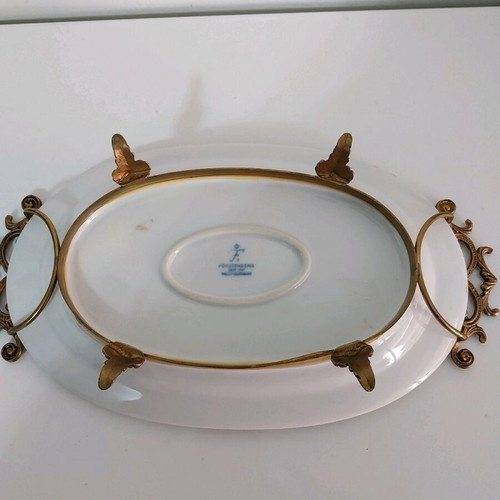 Vintage Furstenberg Germany porcelain serving tray with metal frame