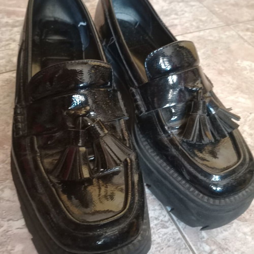 Zara women's loafers black patent leather chunky sole new